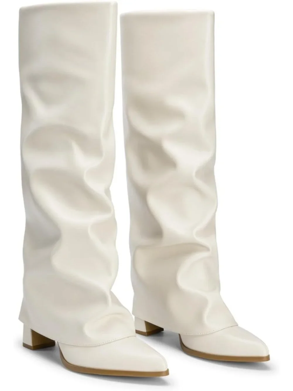 Women's Beige Pointed Toe Pu Leather Chunky Heel Fold Over Knee High Boots